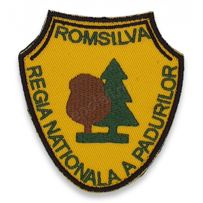 Emblema Romsilva brodat pe suport textil de culoare galbena