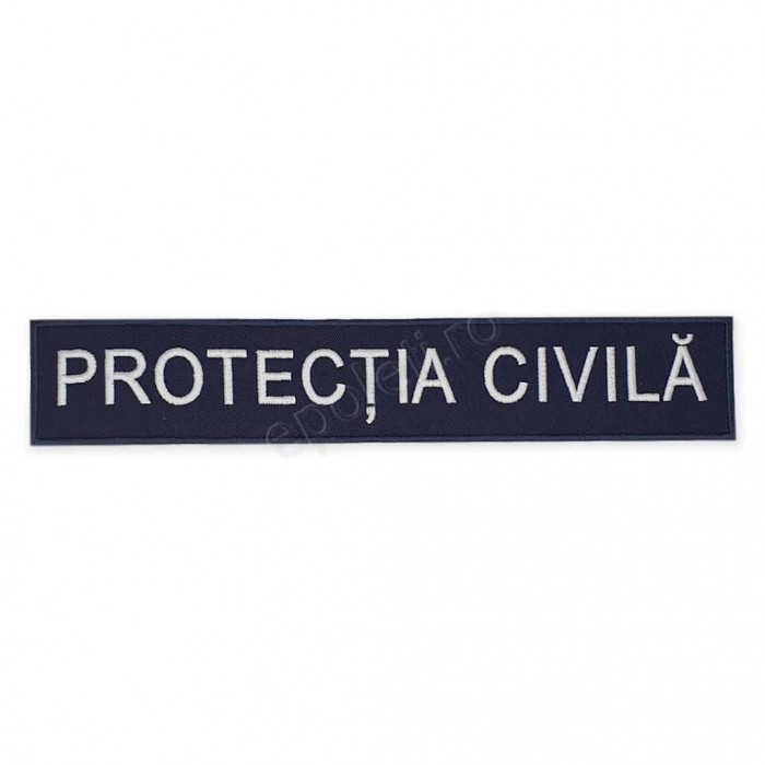 emblema brodata cu textul "PROTECTIA CIVILA" pe suport bleumarin